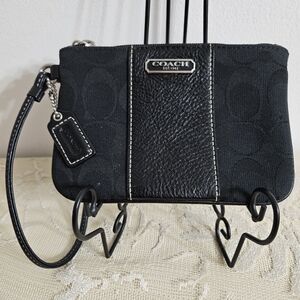 Signature Coach Black Leather Canvas Monogram Zipper Wristlet Wallet